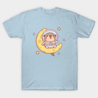 Cute Otter Astronaut Sitting On The Moon T-Shirt